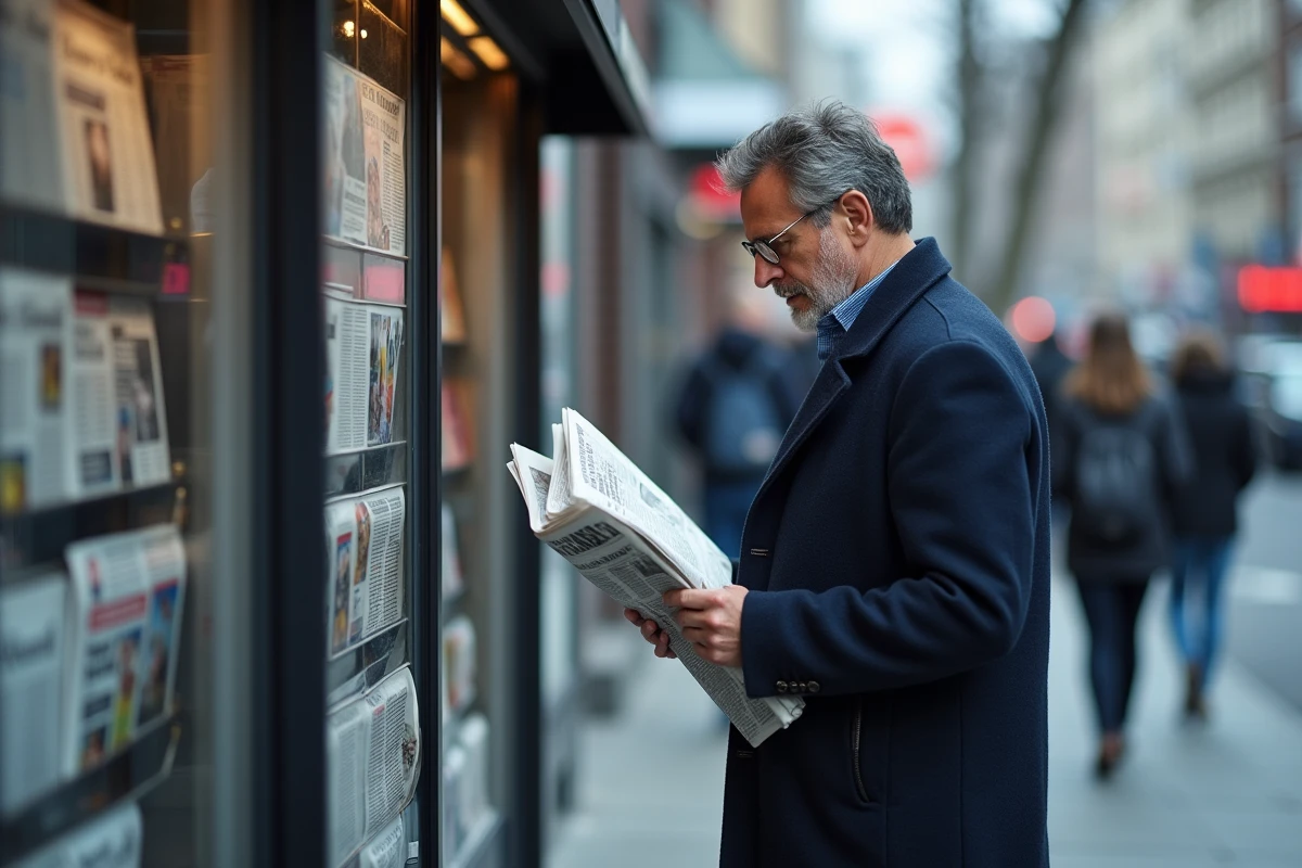 Homme lisant les titres d'un journal au kiosque à journaux en ville