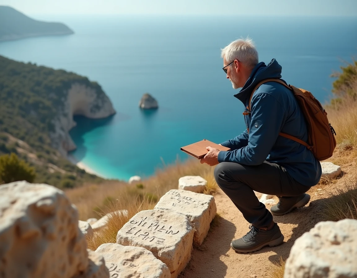 Homme explorant des ruines antiques en pierre sur une colline méditerranéenne avec vue sur la mer turquoise