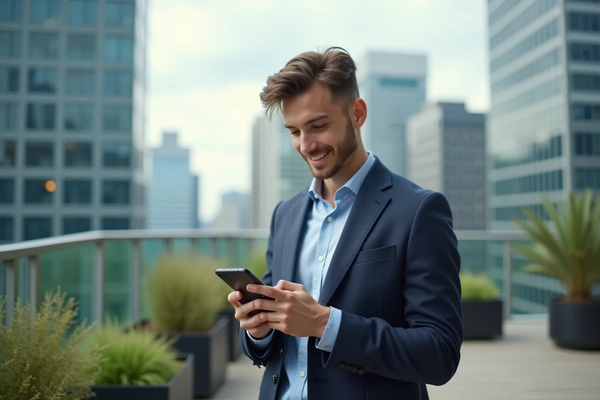 Jeune homme en blazer utilisant un smartphone sur une terrasse urbaine
