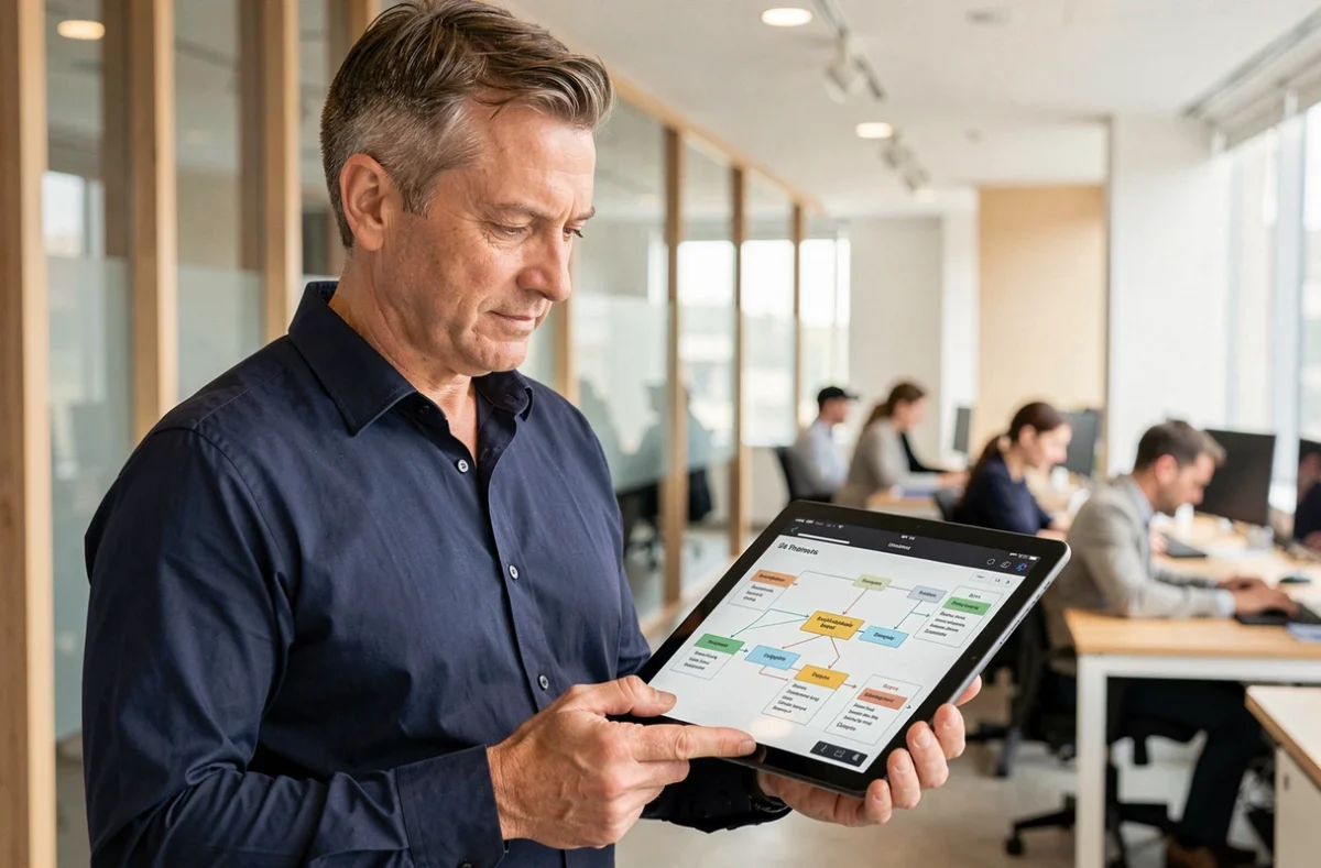 Homme consultant la carte du site Smart PAP sur une tablette en environnement de bureau