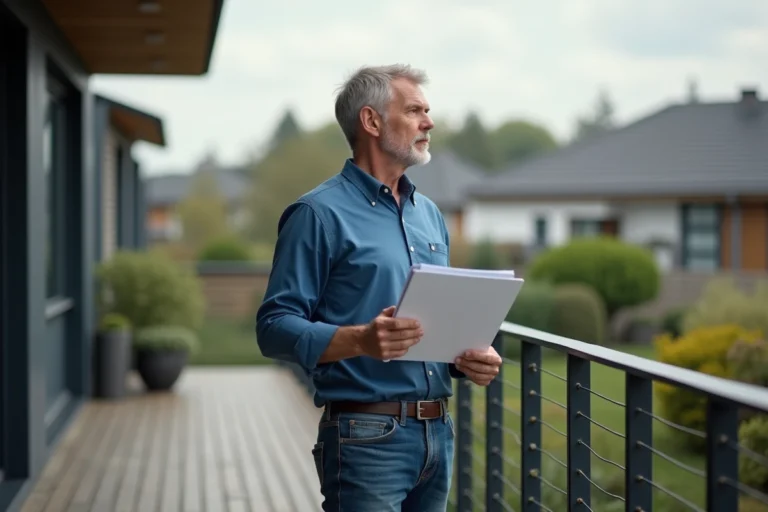 Homme d'âge moyen sur terrasse en bois avec documents