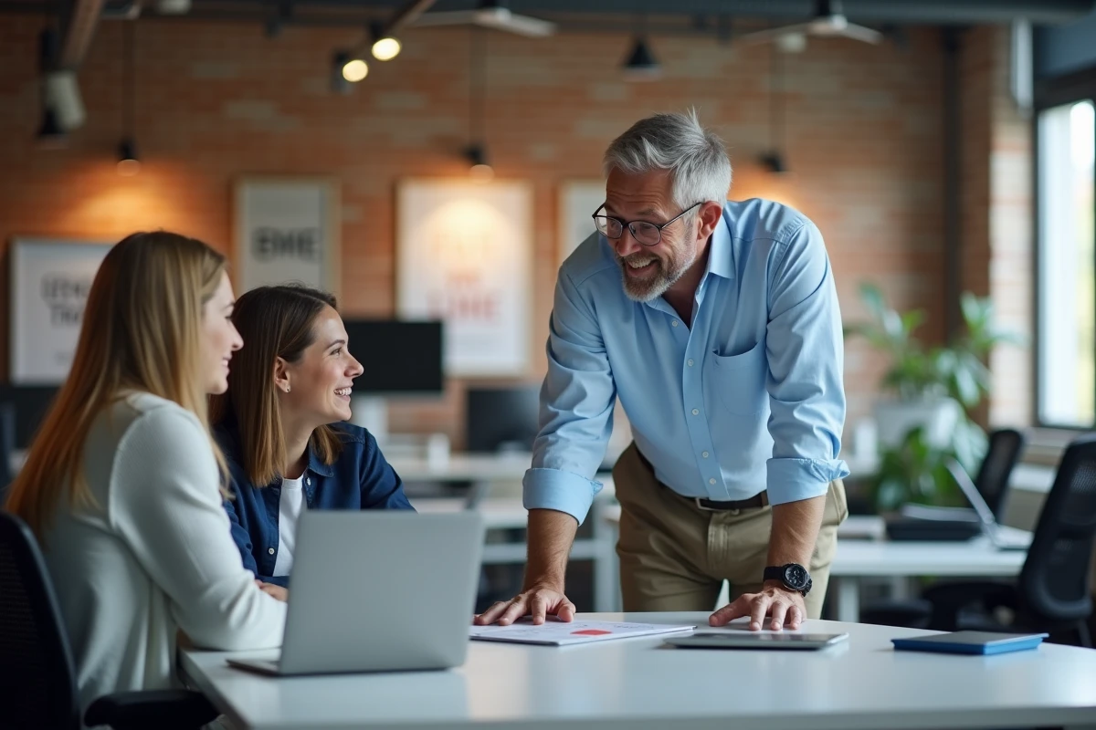 Homme en chemise bleue écoutant un collègue dans un bureau moderne
