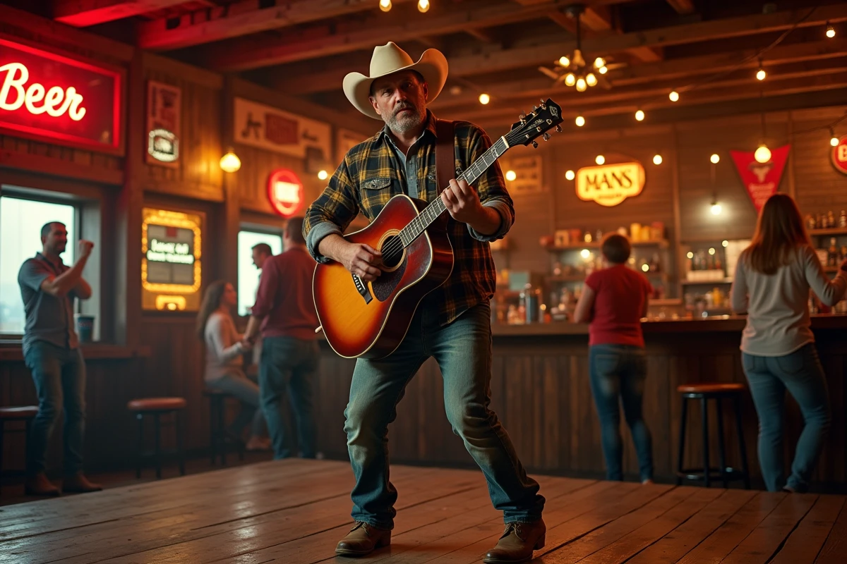 Guitariste énergique sur scène dans un bar de style honky-tonk rustique, évoquant la version madison de Honky Tonk Woman par Will Burnett