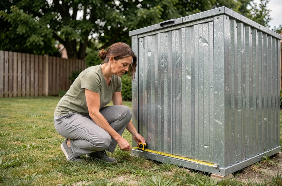 Femme mesurant l'emplacement d'un conteneur métallique installé dans un jardin résidentiel