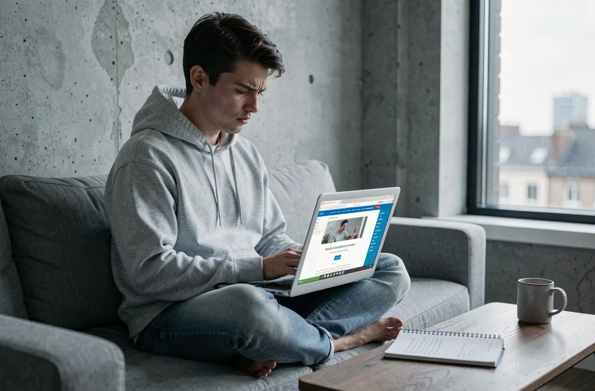 Jeune adulte consultant un site d'apprentissage du français sur un ordinateur portable dans un appartement moderne, pour comprendre la différence entre émergent et émergeant