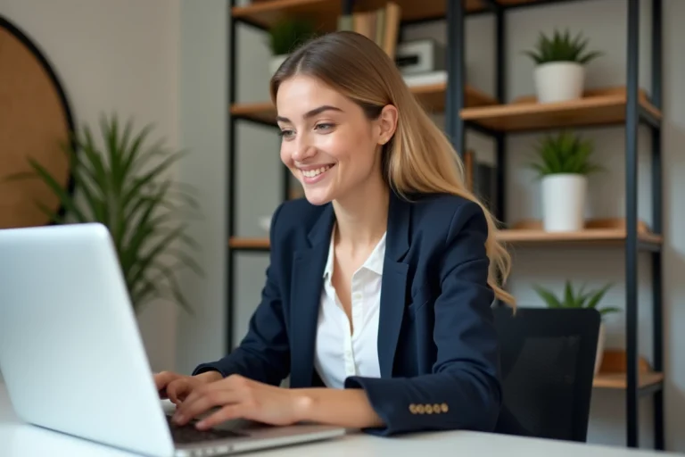 Jeune femme concentrée travaillant sur son ordinateur dans un bureau moderne
