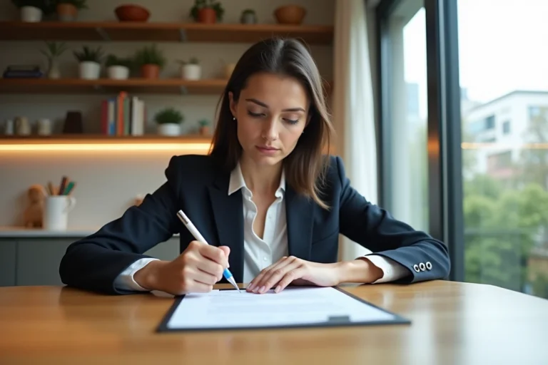 Jeune femme examine un contrat de location dans un appartement lumineux