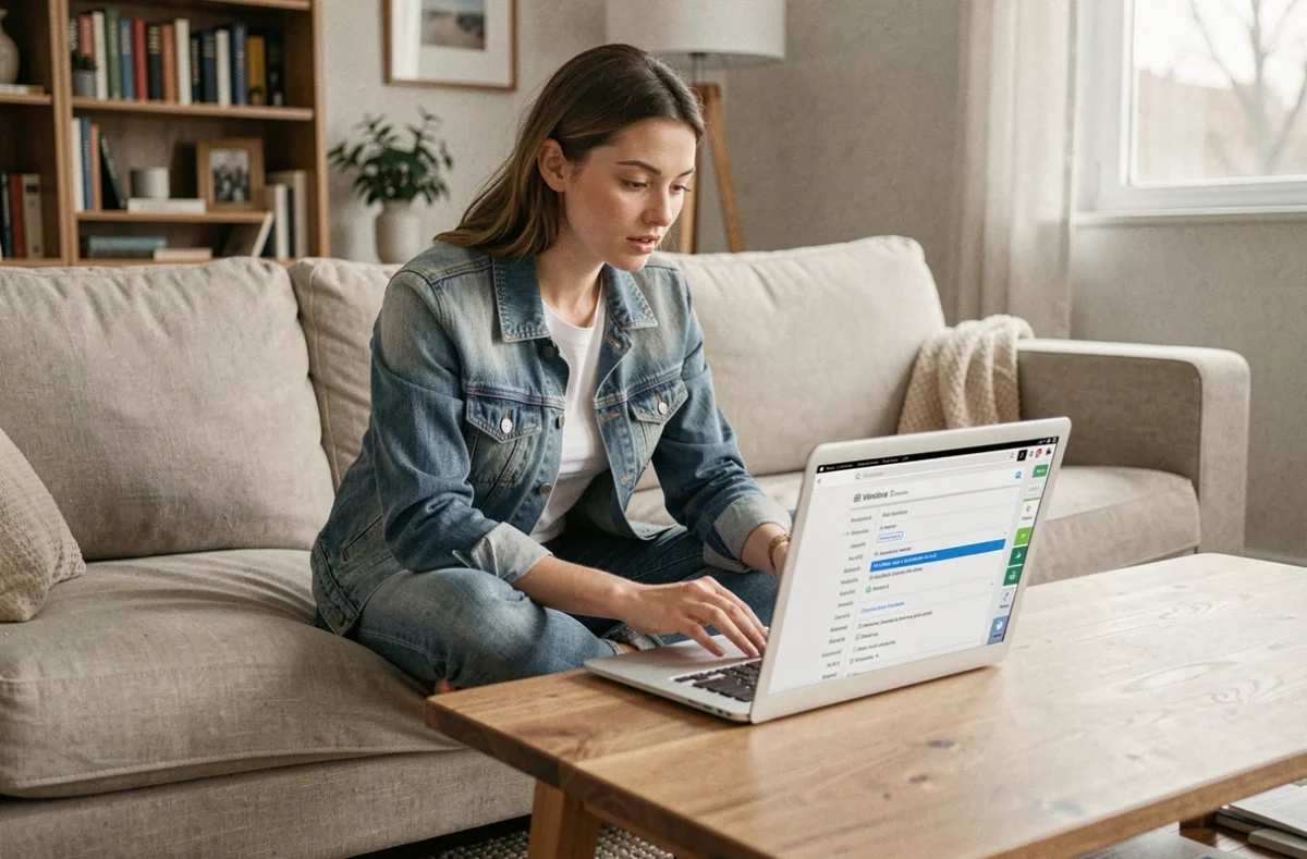 Jeune femme explorant la carte du site Smart PAP sur un ordinateur portable dans un salon cosy