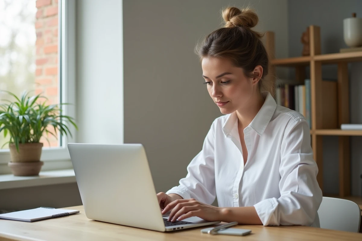 Jeune femme consultant un résumé d'actualités quotidiennes sur son ordinateur portable dans un bureau minimaliste