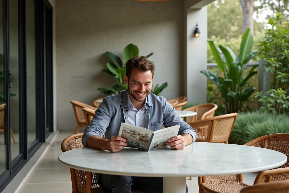 Jeune homme souriant dans un patio moderne et écologique