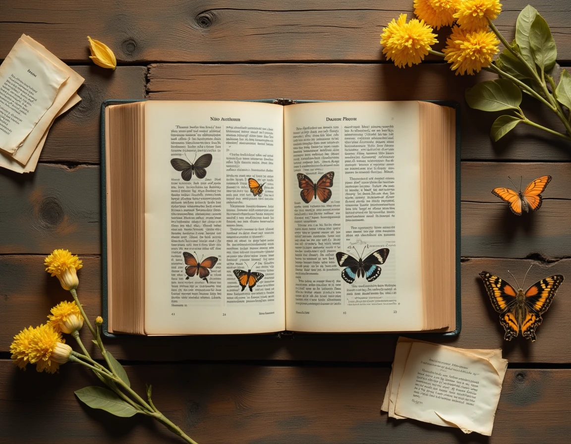 Mise en scène vintage d'un livre ouvert sur la symbolique des papillons avec des fleurs jaunes séchées et une figurine céramique