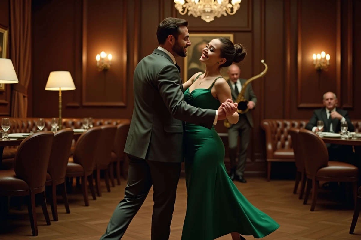 Couple élégant dansant le madison dans un club privé sophistiqué des années 60, évoquant l'ambiance du Madison Club de Jean Harduin