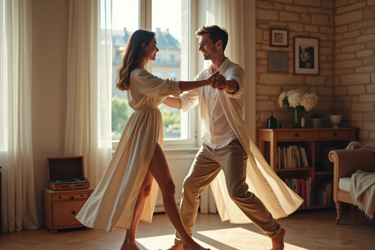 Couple romantique dansant le madison dans un salon parisien intimiste avec tourne-disque vintage, évoquant Madison for Lovers de Christian Gauchy