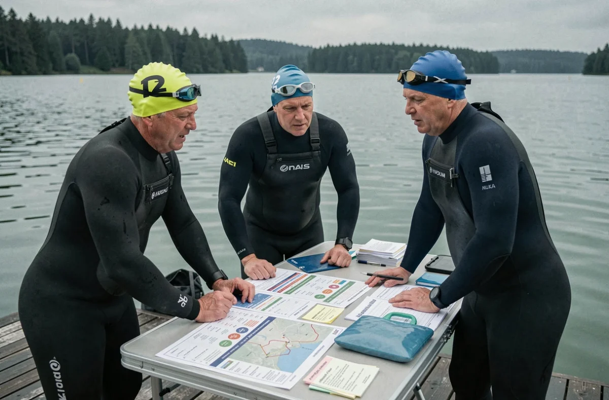 Groupe de nageurs en eau libre en combinaison néoprène discutant de leur stratégie de course lors d'un briefing sur un ponton lacustre