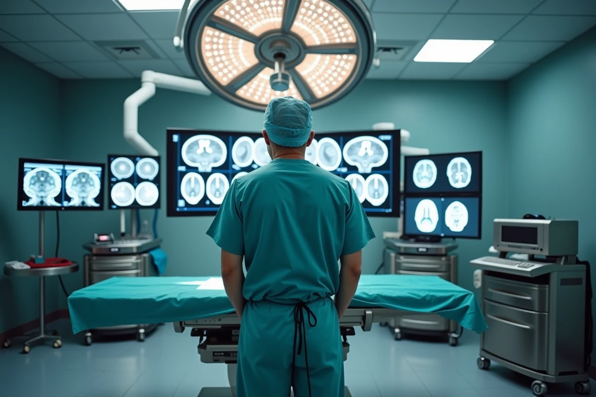 Neurochirurgien en tenue stérile dans un bloc opératoire équipé d'imagerie cérébrale avancée