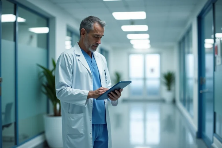 Neurochirurgien en blouse blanche consultant une tablette dans un couloir d'hôpital moderne à Rennes