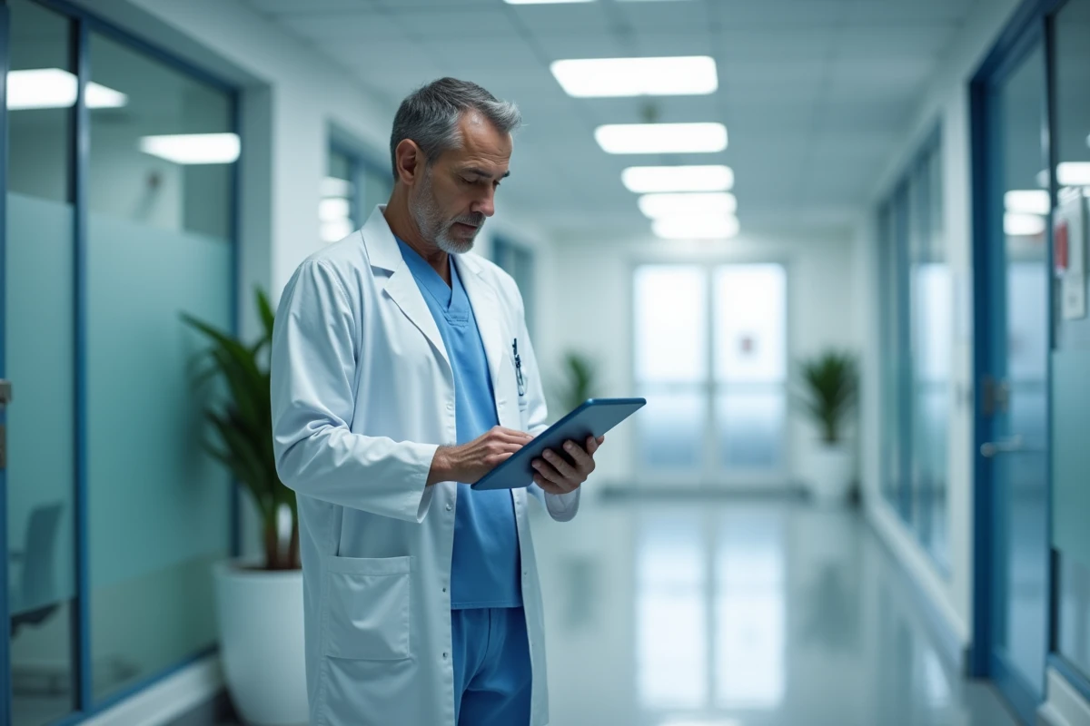 Neurochirurgien en blouse blanche consultant une tablette dans un couloir d'hôpital moderne à Rennes