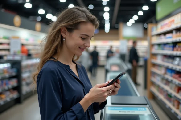 Femme payant avec son smartphone en sans-contact à la caisse d'un hypermarché Leclerc