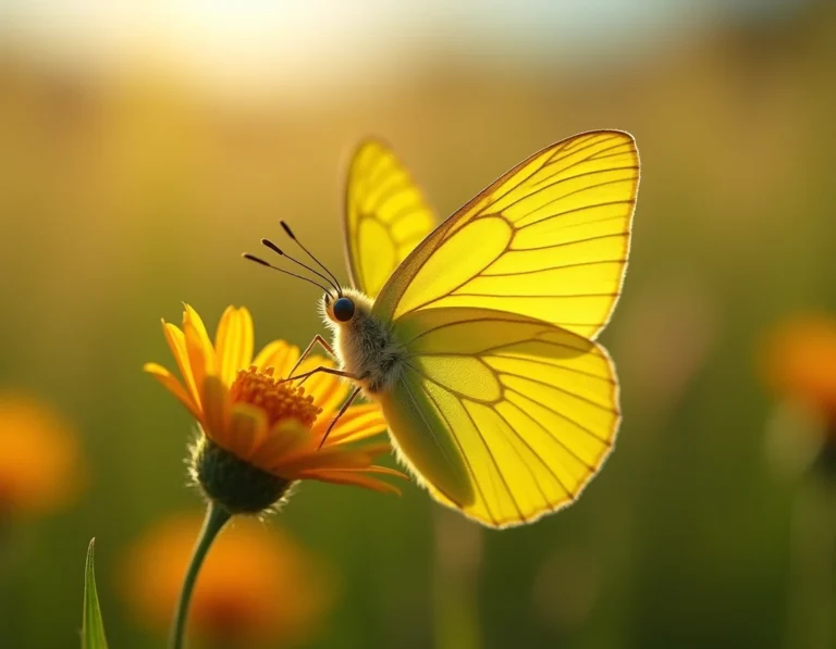Papillon jaune aux ailes déployées posé sur une fleur sauvage dans une prairie verdoyante