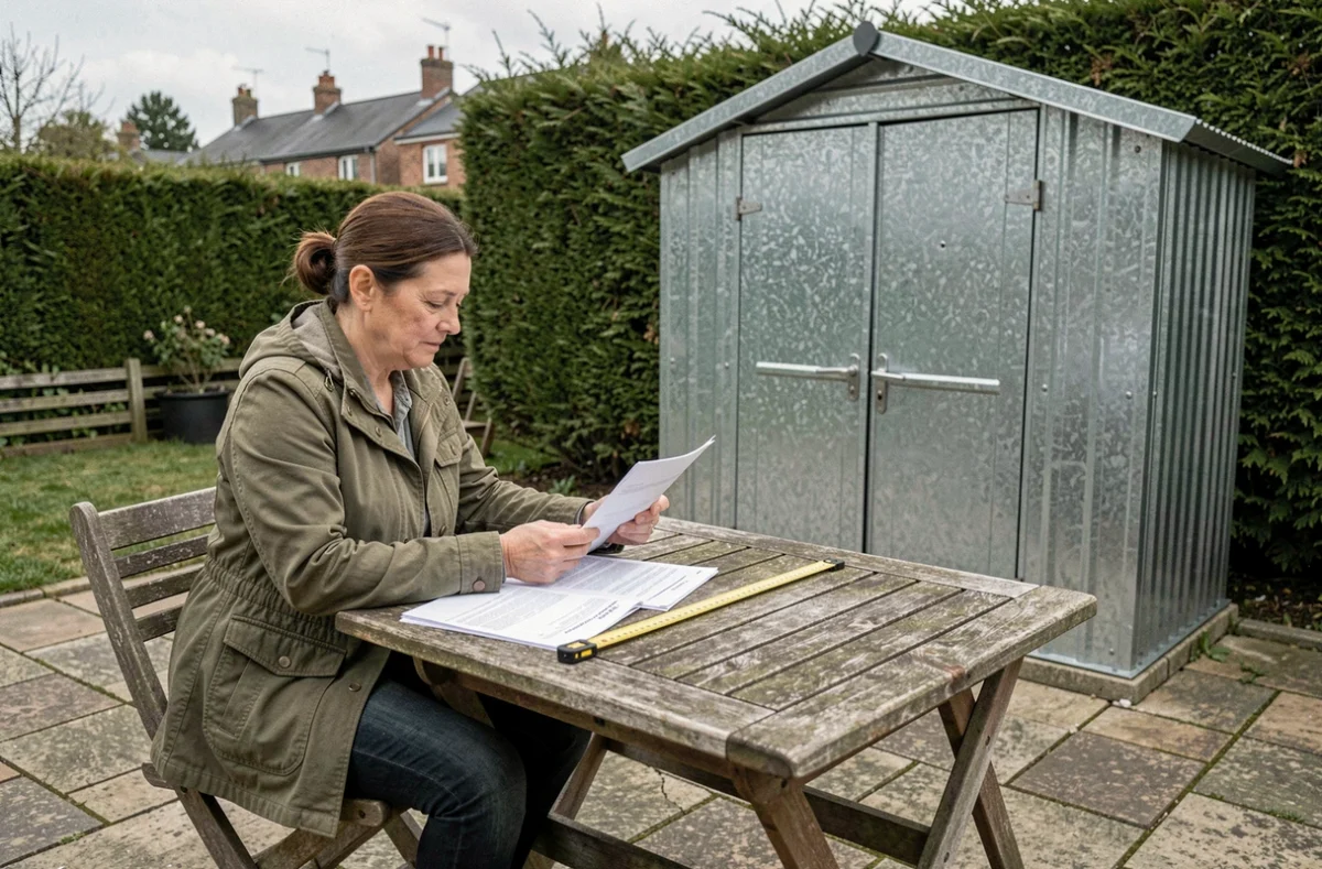 Femme consultant des documents de permis de construire à côté d'un abri de jardin métallique dans un jardin