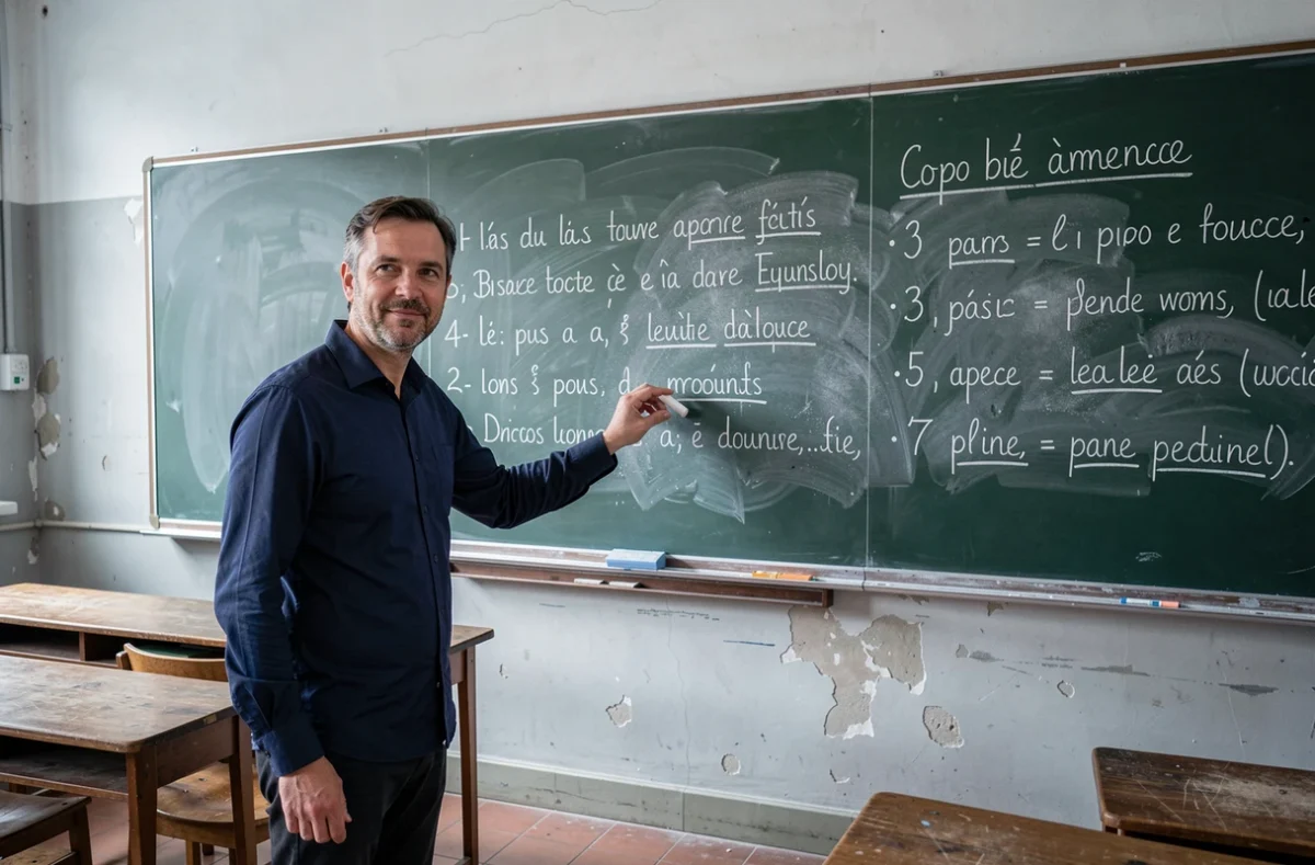 Professeur pointant des règles grammaticales sur un tableau noir dans une salle de classe française, pour illustrer la confusion entre émergent et émergeant