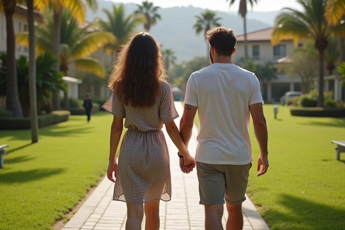 Femme et homme se promenant main dans la main dans un parc