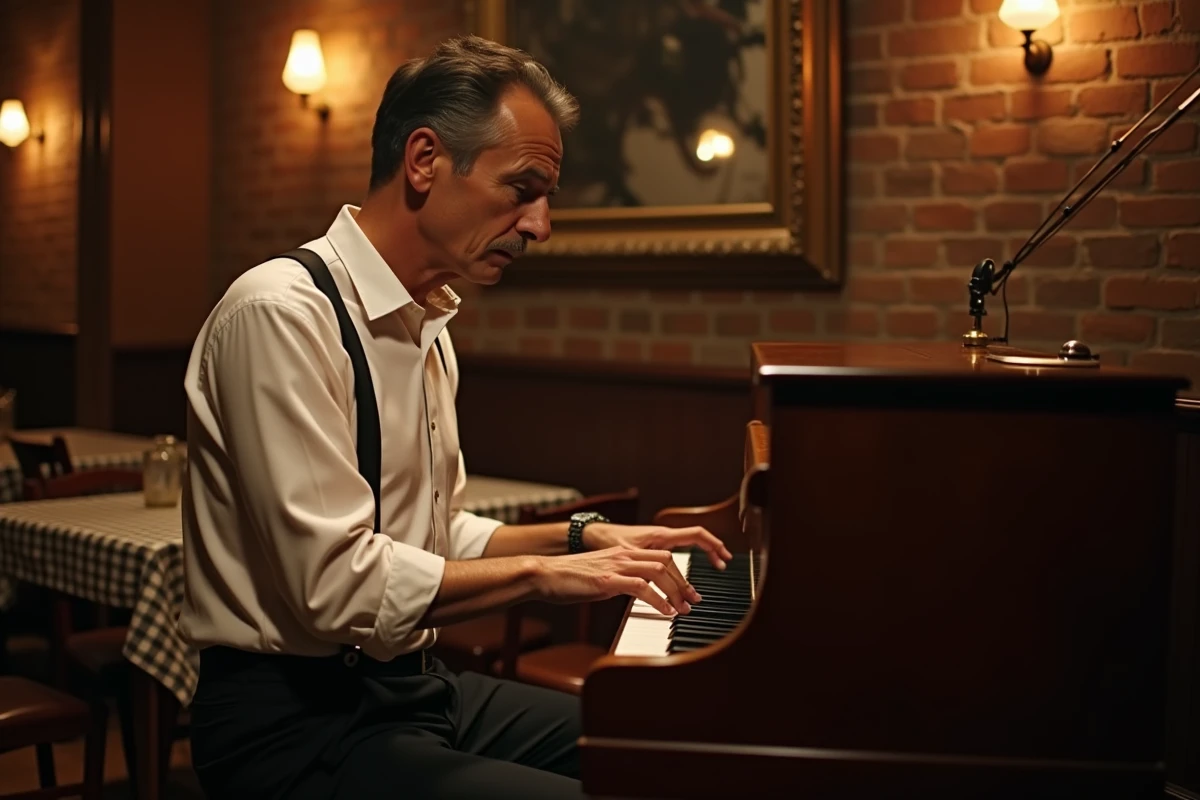Musicien de jazz jouant du piano droit sur scène dans un club américain vintage, évoquant l'ambiance du Madison Time de Ray Bryant