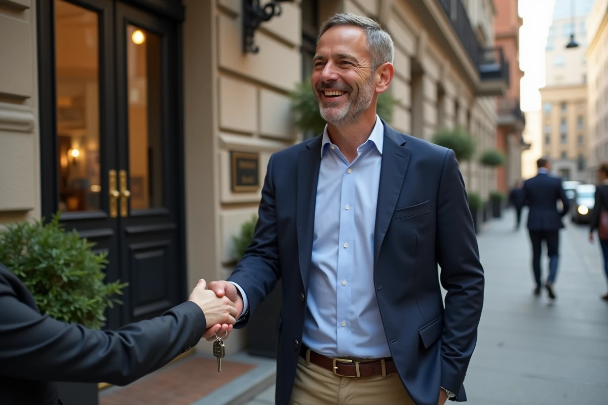 Homme souriant recevant des clés devant un immeuble résidentiel