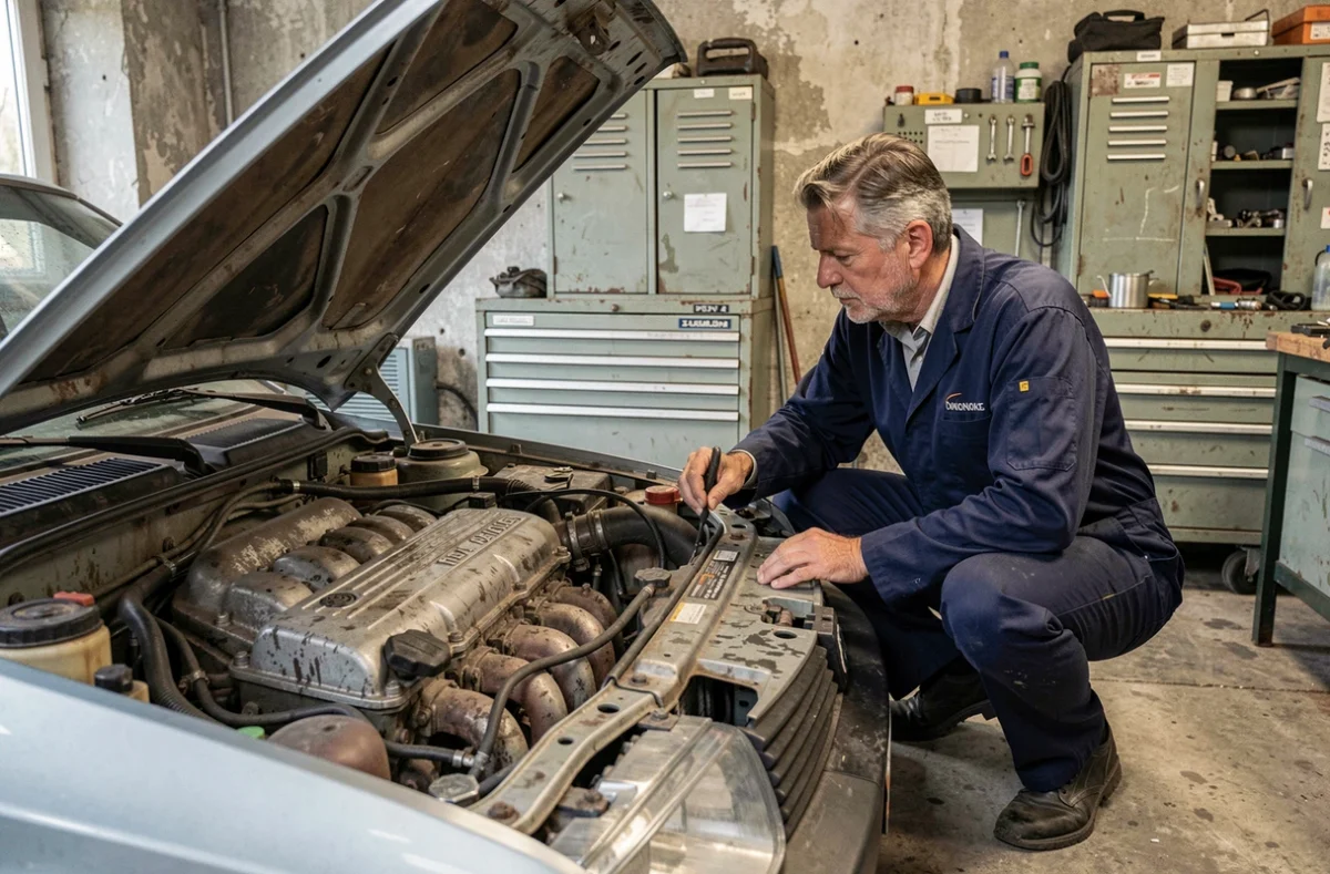 Mécanicien inspectant le moteur V6 PRV de la Renault 30 TX dans un garage vintage français, capot ouvert et bloc moteur visible
