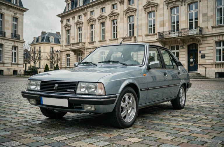 Renault 30 TX vue de trois quarts avant sur une place pavée française, carrosserie bleu métallisé et lignes angulaires emblématiques