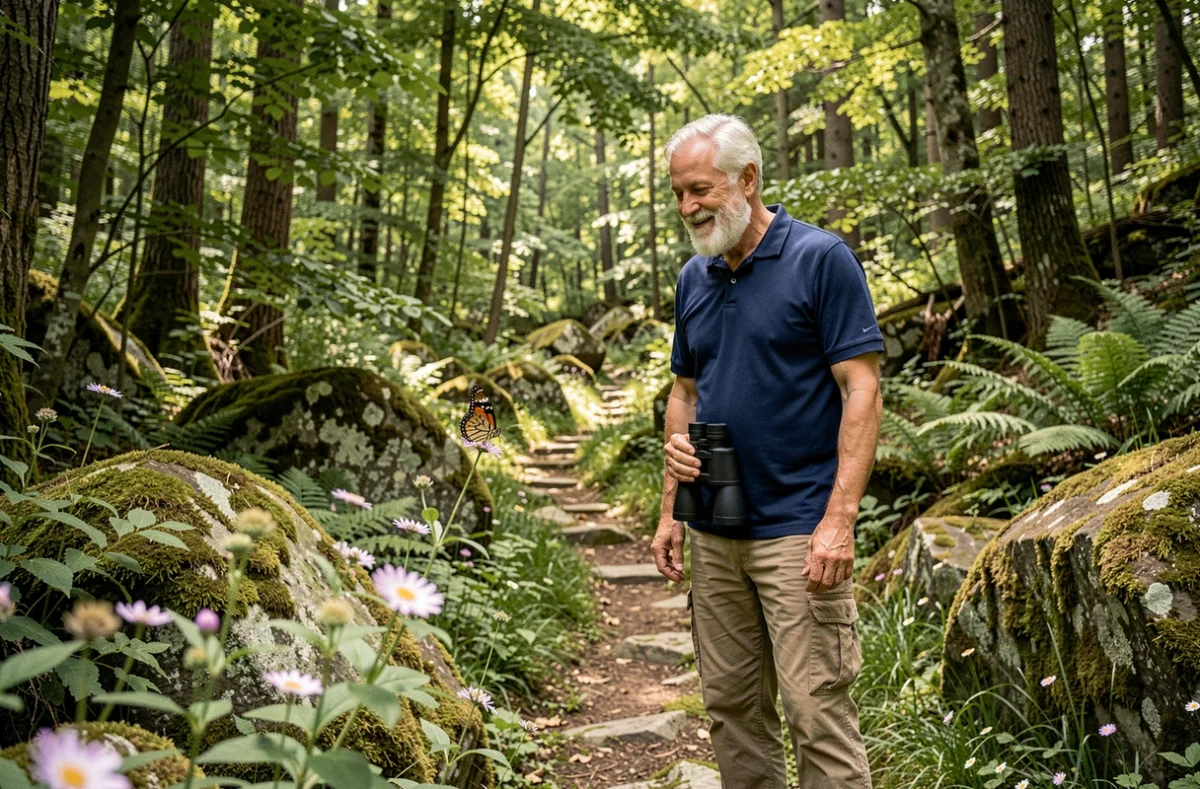 Homme retraité en randonnée dans un sentier forestier, observant la nature avec des jumelles, loisir actif à la retraite
