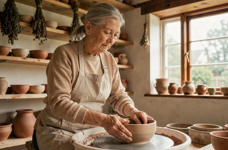 Femme retraitée souriante en train de faire de la poterie dans un atelier artisanal, activité créative pour une retraite épanouie