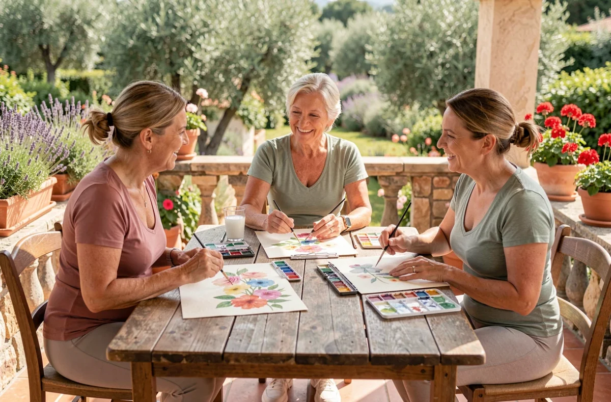 Groupe de femmes retraitées peignant à l'aquarelle ensemble sur une terrasse ensoleillée, atelier créatif convivial pour seniors