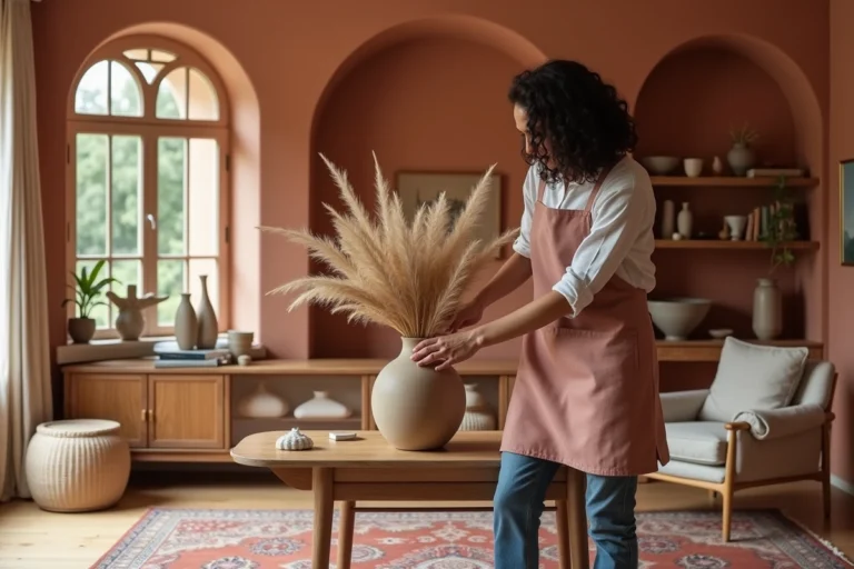 Femme aménageant un salon chaleureux avec des éléments de décoration naturels, poteries artisanales et herbes de pampa dans un intérieur aux murs terracotta