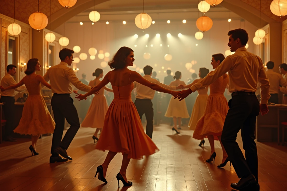 Groupe de danseurs en tenue vintage effectuant le madison en ligne synchronisée dans une salle de bal rétro des années 60