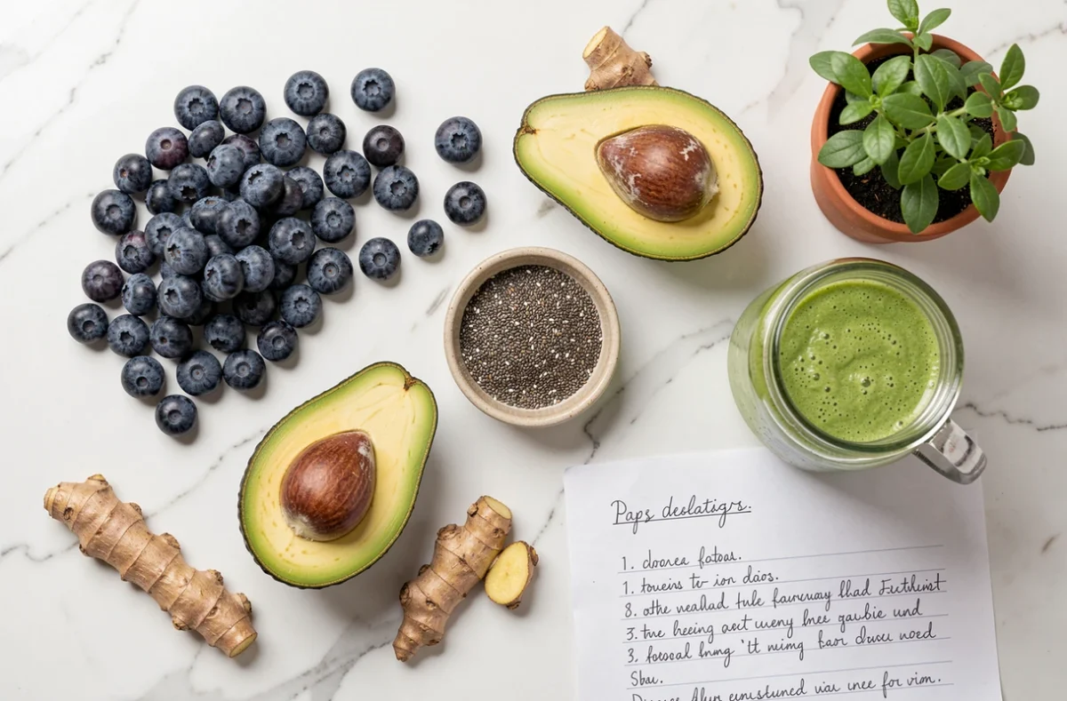 Flat lay de superaliments et d'un smoothie vert sur un comptoir en marbre, illustrant les tendances nutrition et alimentation saine en 2024