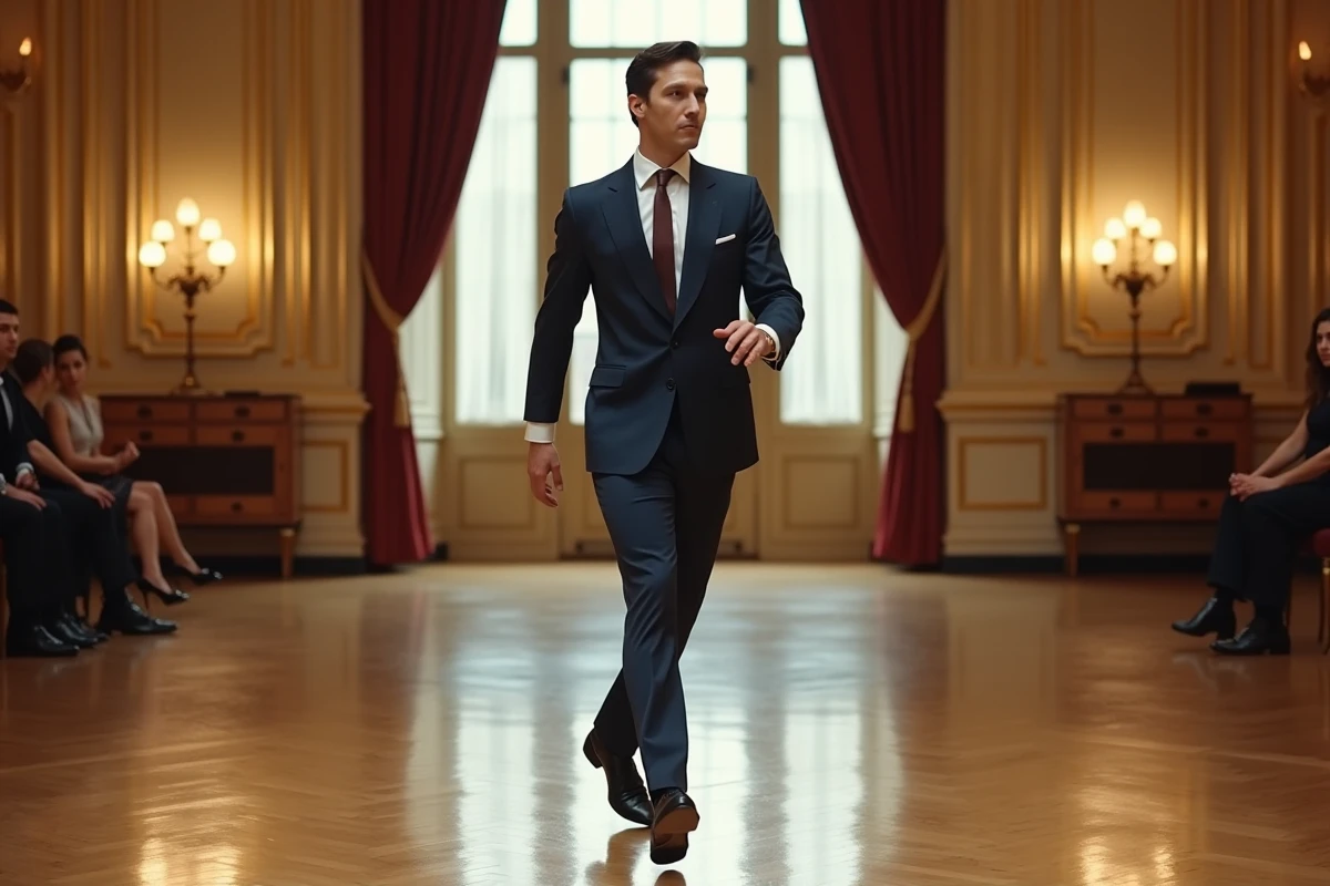 Danseur élégant en costume marine glissant sur un parquet de salle de bal parisienne dans un style années 60, évoquant Sur un air de madison