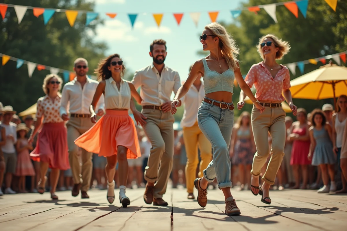 Rangée de danseurs en plein swing lors d'un festival de danse en plein air, illustrant l'énergie festive du Swinguez Madison de Jean Harduin