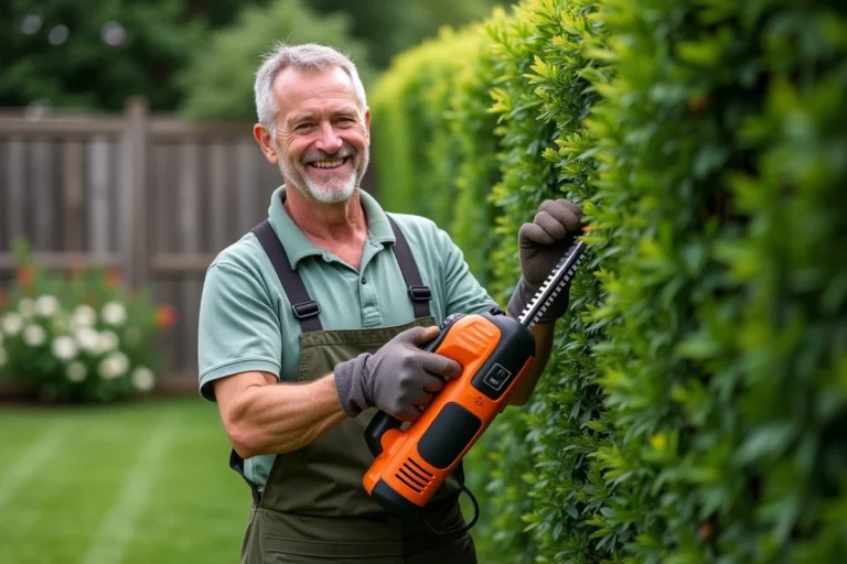 Homme d'âge moyen utilisant une taille-haie électrique dans le jardin