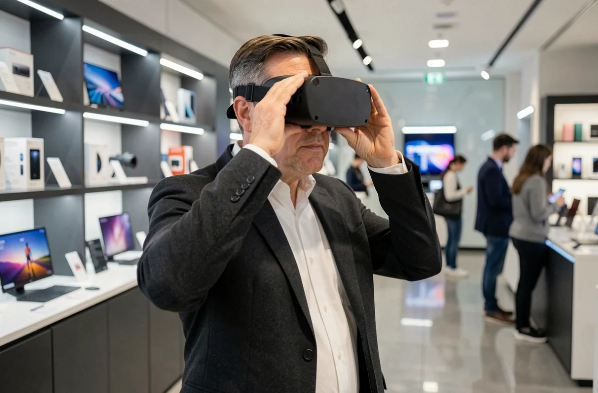 Homme testant un casque de réalité augmentée dans un magasin d'électronique high-tech