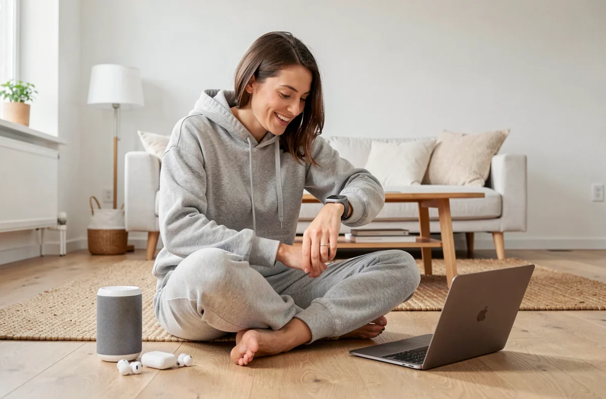 Femme entourée de gadgets high-tech dans un salon scandinave moderne