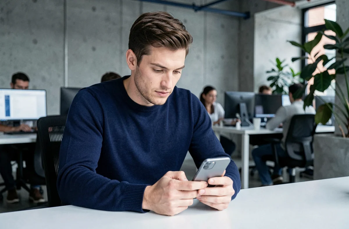 Homme testant un smartphone pliable dernier cri dans un bureau moderne et minimaliste