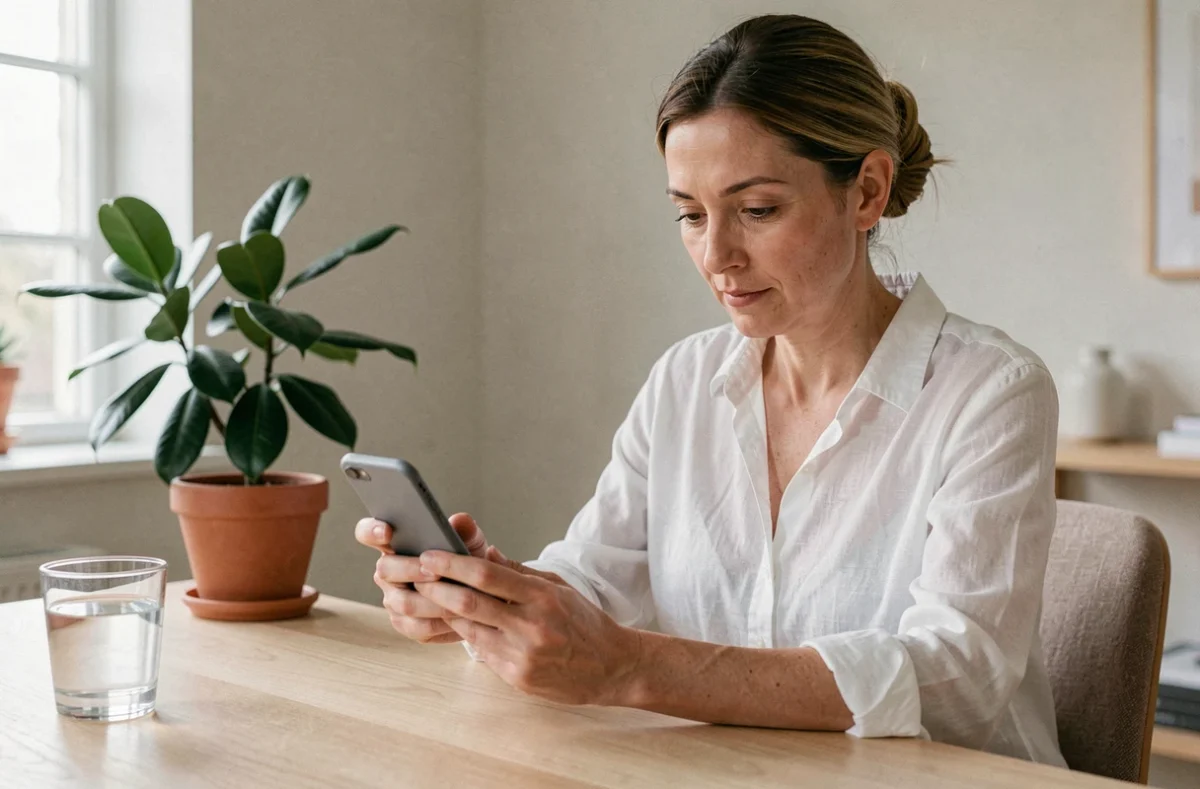 Femme consultant une application santé sur smartphone dans un bureau épuré, illustrant les nouvelles tendances santé numériques en 2024