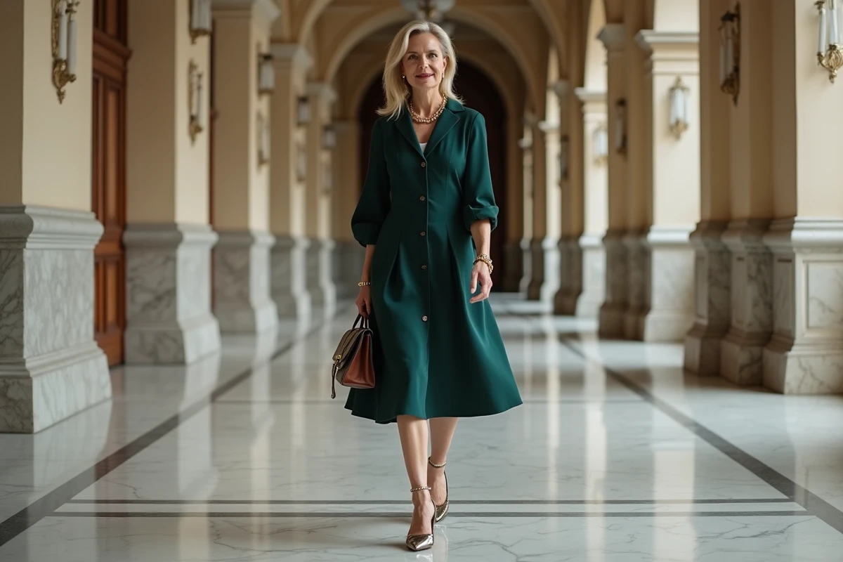 Femme élégante en robe courte couleur bijou avec sac à main et escarpins dans le couloir d'un bâtiment de télévision français