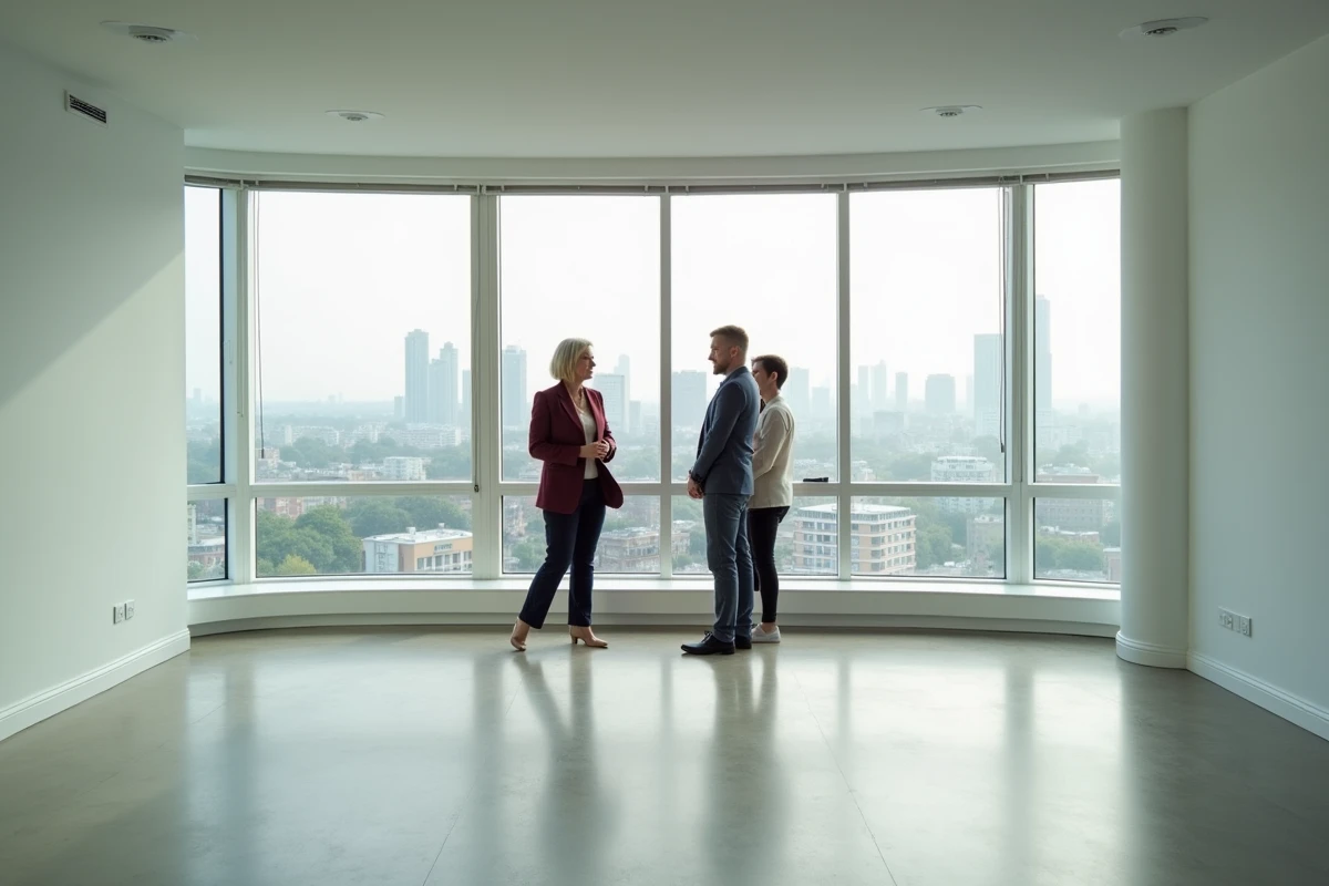 Agente immobilière faisant visiter un appartement moderne avec vue panoramique sur la ville à un couple d'acheteurs