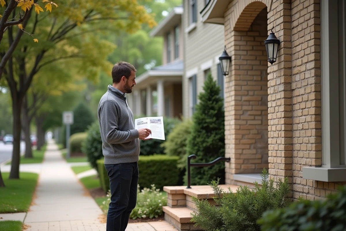 Homme visitant une maison individuelle en banlieue avec fiche de présentation immobilière à la main