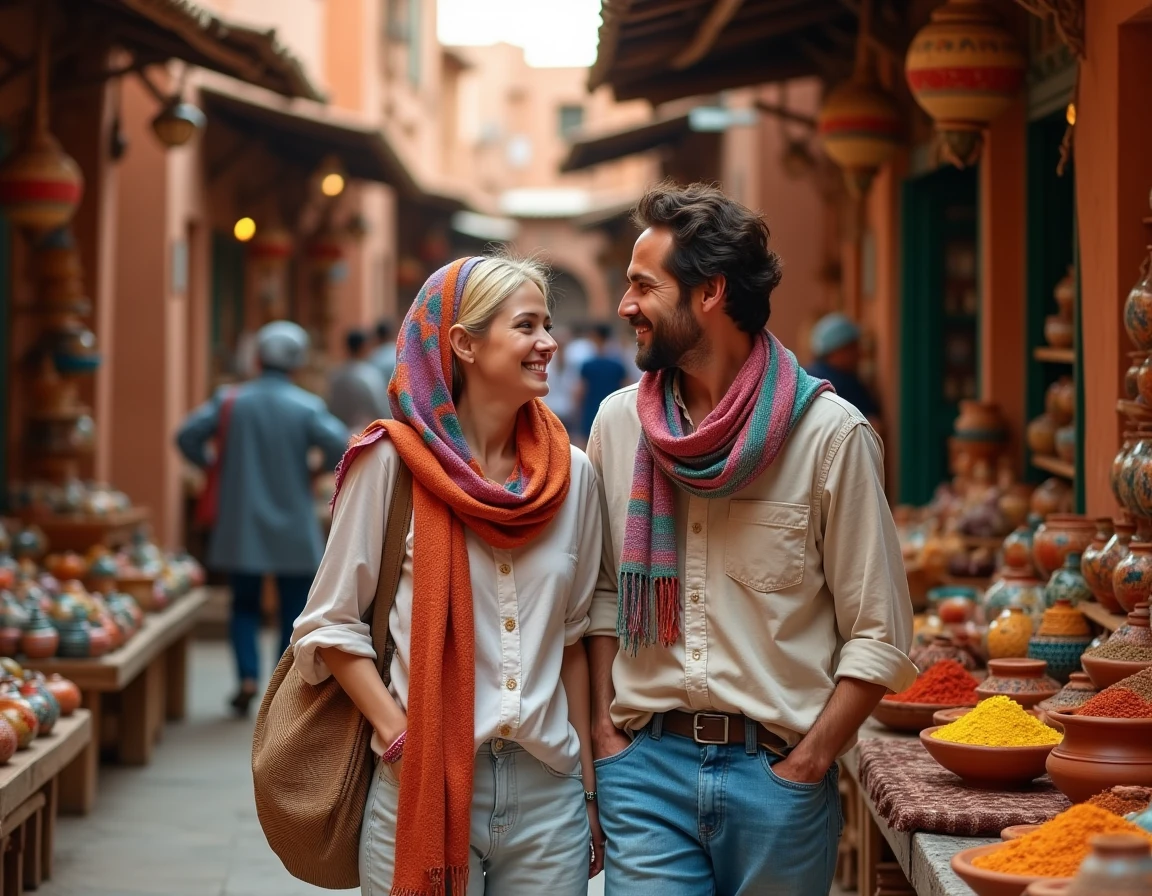 Deux voyageurs découvrant un souk animé avec artisanat coloré et céramiques dans une médina nord-africaine